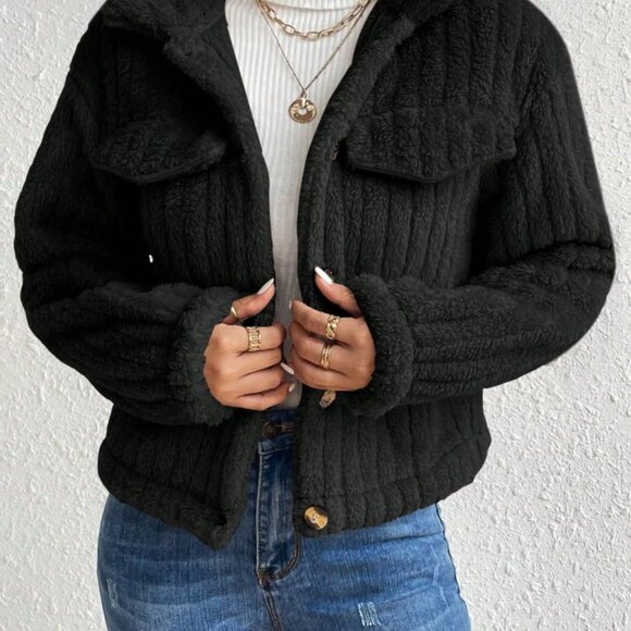 Black Casual Women's Flap Detail Button Front Flannel Jacket - Picture 3 of 7